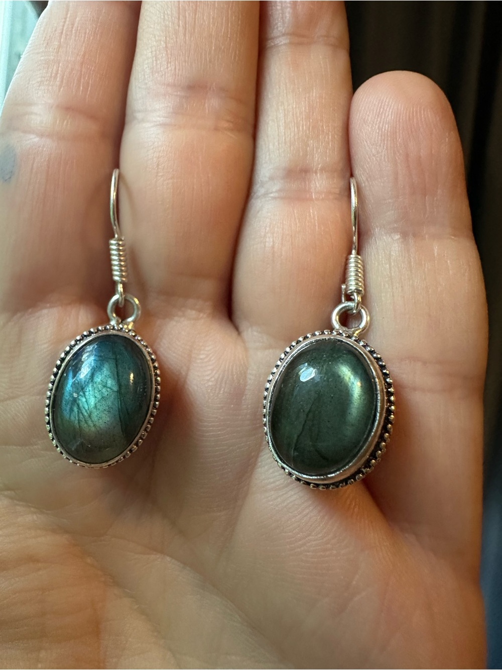 Sterling Silver Labradorite Cabochon French Wire Hook Earrings NEW